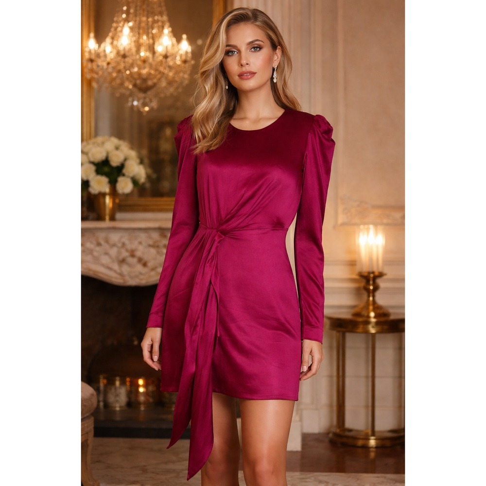 HANEY Fuchsia Satin Cocktail Dress Draped Waist SZ 8 Luxury Valentine's Lined